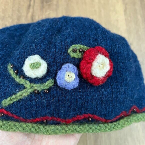 Newari Hat  Navy Wool Beanie Hat Floral Embellished Knit Fleece Lined Icelandic - Picture 3 of 9